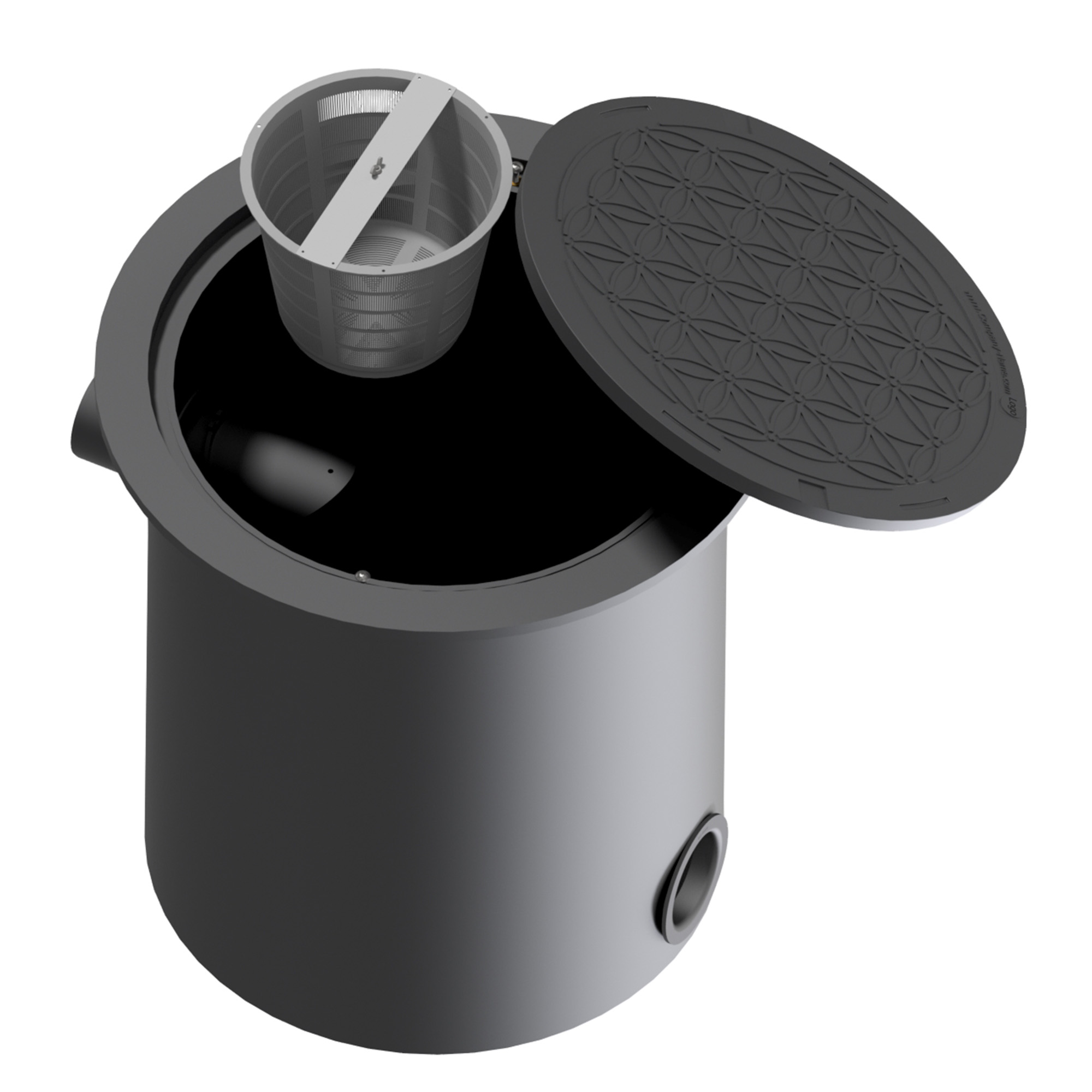 Versickerungsvorfilter mit geöffneter Abdeckung und dem Filterkorb, der aus der Öffnung heraus kommt