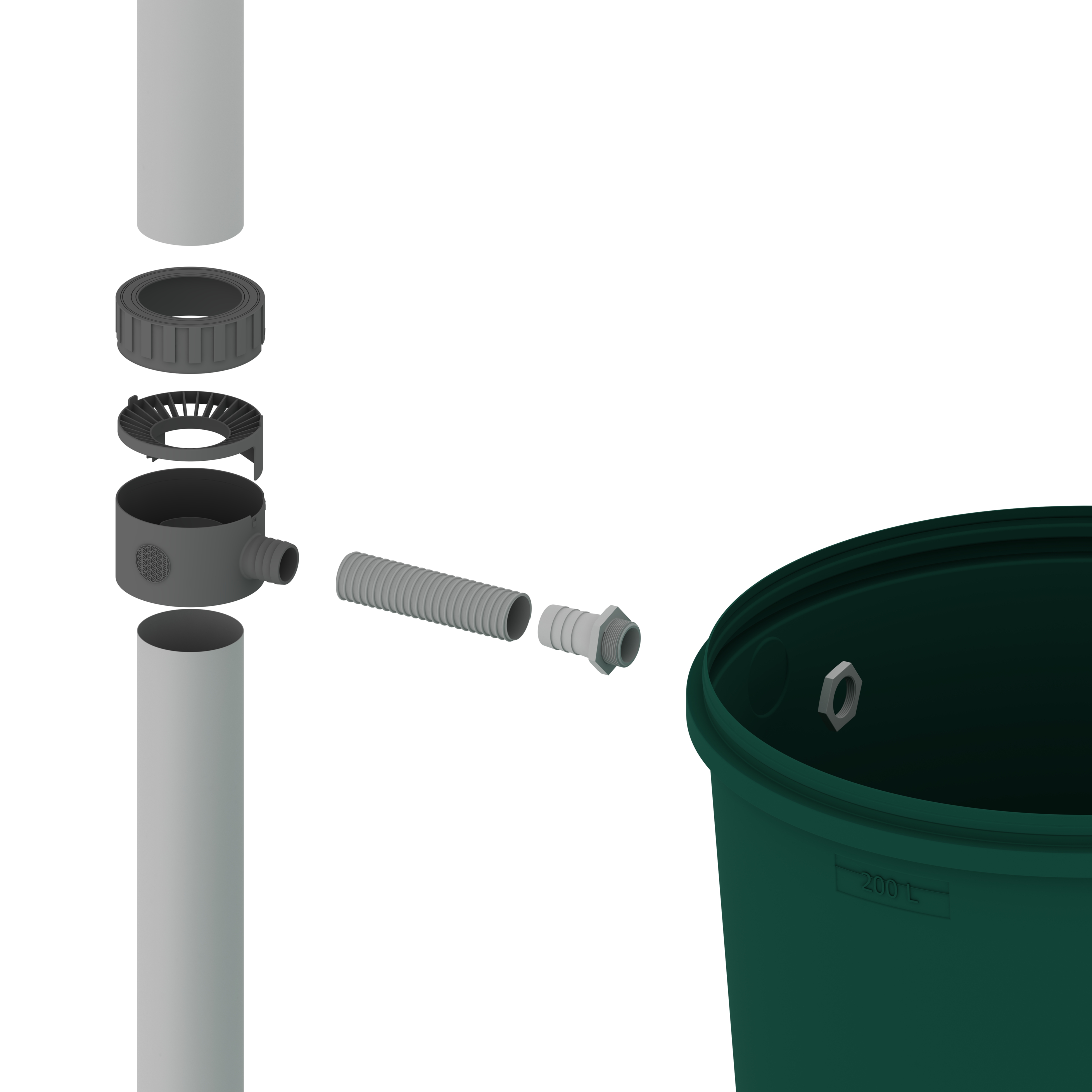 Annildung der einzelnen Teile des retomaten neben einer regentonne