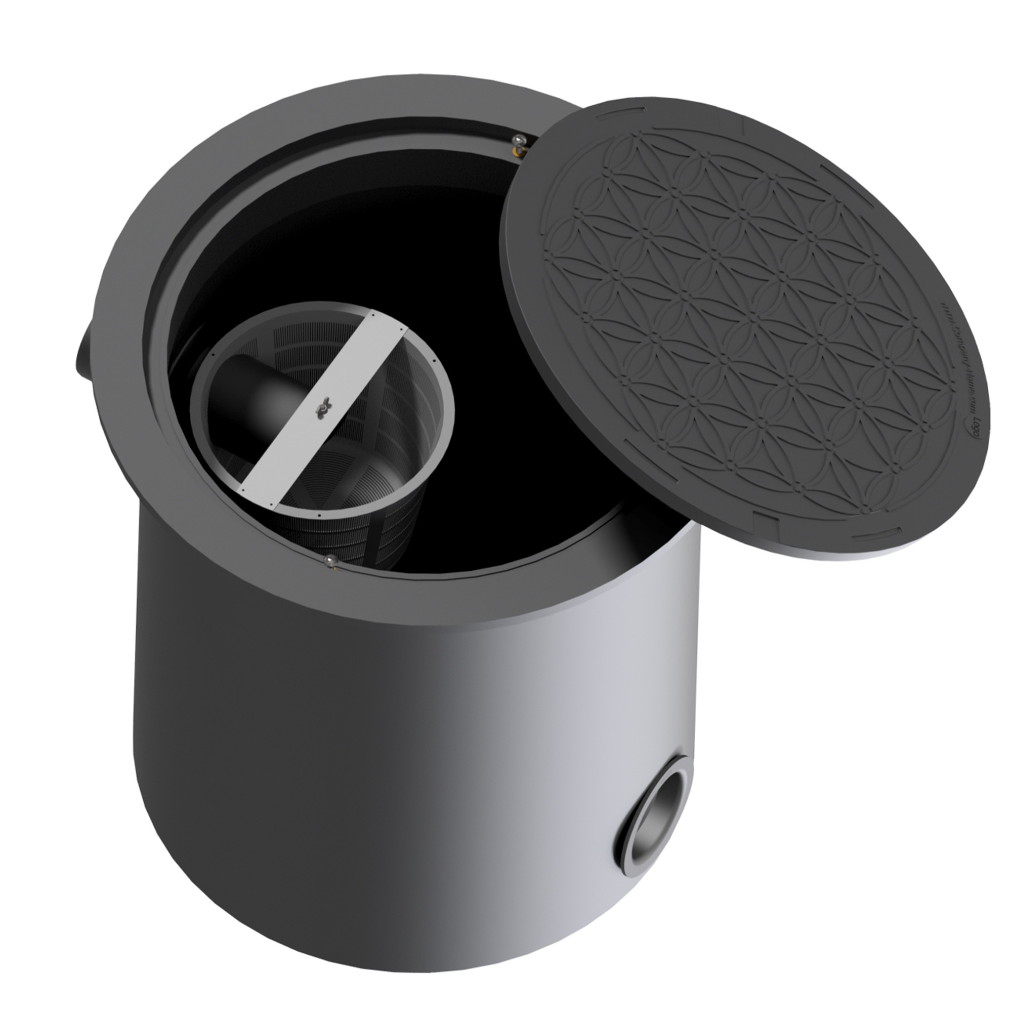 Versickerungsvorfilter mit geöffneter Abdeckung, so dass der Filterkorb zu sehen ist