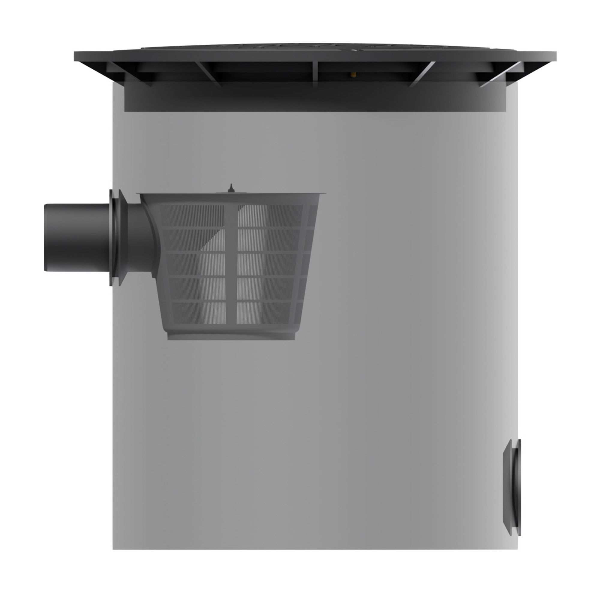 Versickerungsvorfilter, seitliche Ansicht, transparente Darstellung, Filterkorb zu sehen