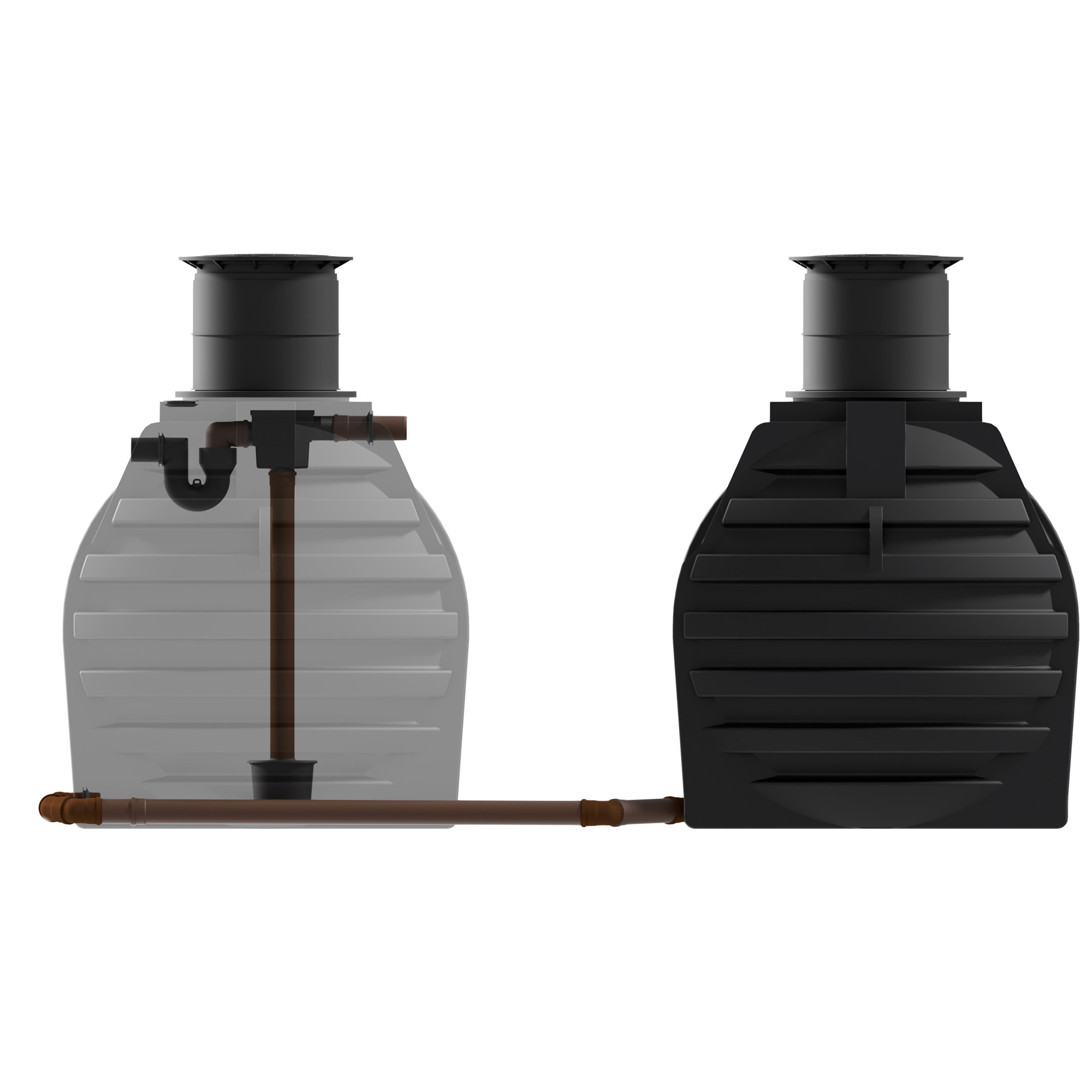 zwei miteinander verbundene Erdtanks, insgesamt 9400 Liter, ein Tank davon ist transparent dargestellt, mit Tankeinbaufilter, Überlaufsiphon und Zulaufberuhiger