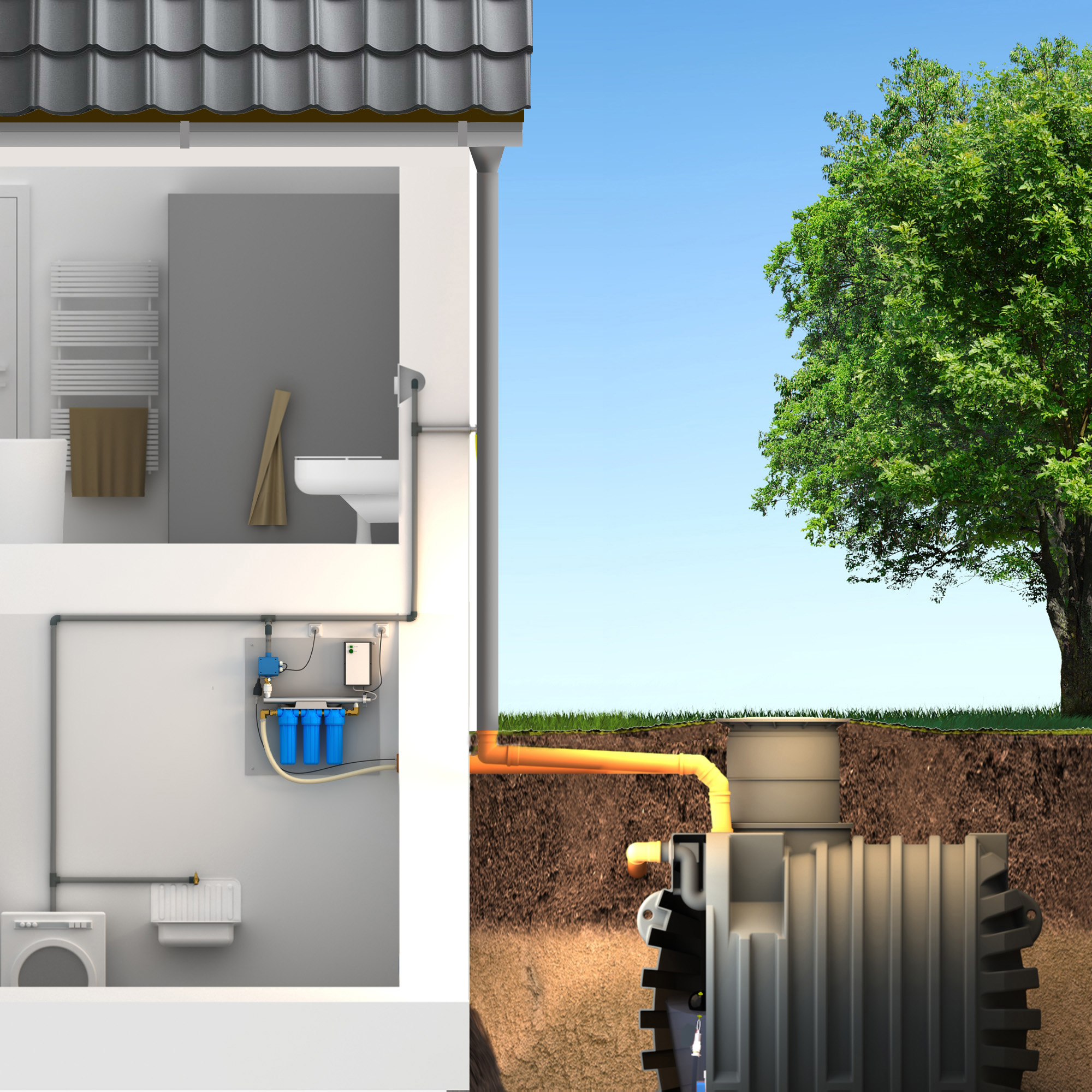 Regenwasseranlage mit Trinkwasseraufbereitung