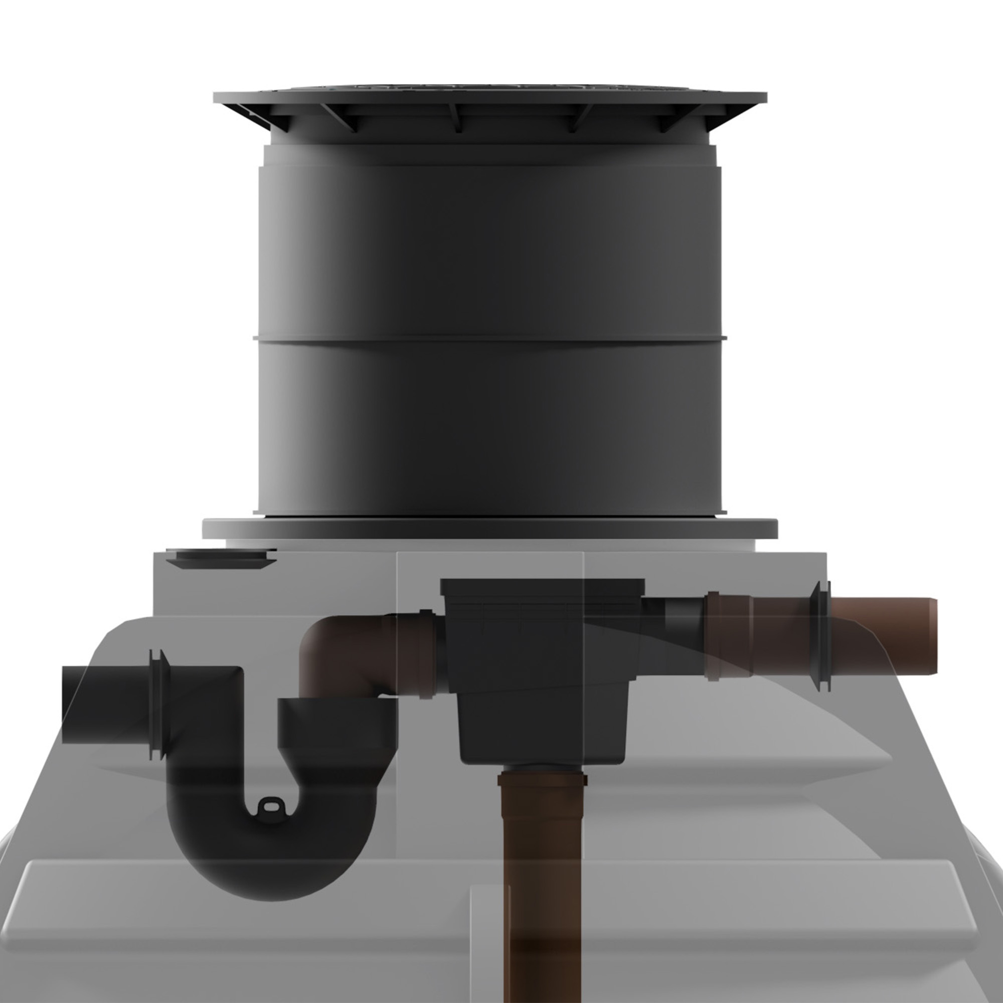 Detailansicht in transparent dargestelltem Tank, Tankeinbaufilter mit Überlaufsiphon