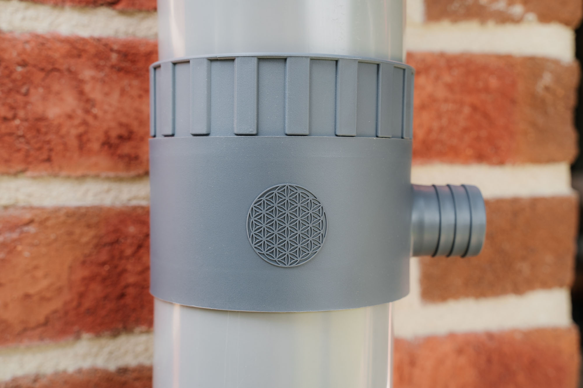 Regensammler am fallrohr angebracht