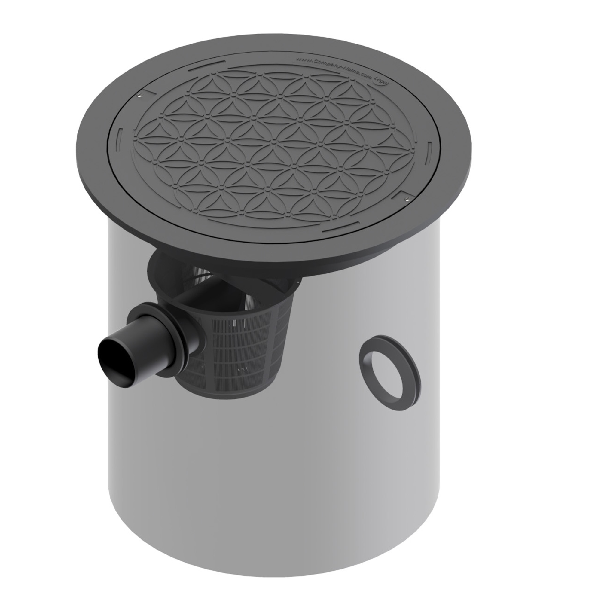 Vorfilter Versickerung, transparente Darstellung, man sieht den FIlterkorb und das Loch mit dem Anschluss DN110